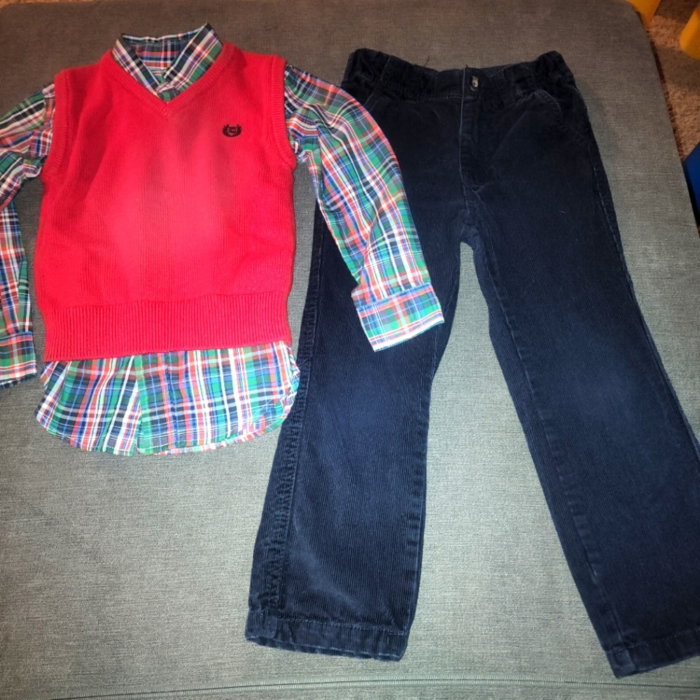 Chaps 3pc holiday outfit - red vest, plaid oxford shirt, black corduroy pants